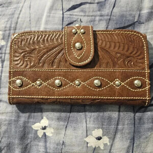 Rustic Hand Tooled Western Genuine Leather Wallet Checkbook  American West